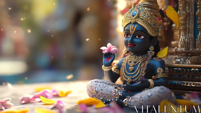 Jewelled baby deity idol rendered in ornate photorealistic detail