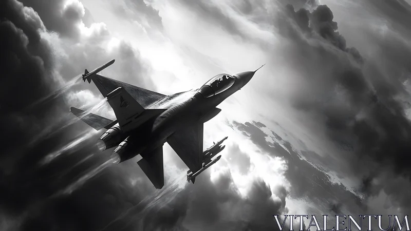 Stealth fighter jet climbs through storm-torn monochrome sky.