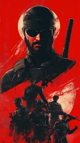 Tactical operatives under blood-red combat horizon eclipse.