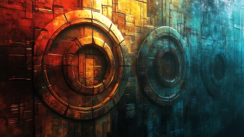 Futuristic circular reliefs divide rusted and teal metal wall