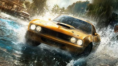 Roaring muscle car charges through rain and glittering water