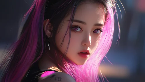 Neon haired girl in cinematic rim light portrait render.