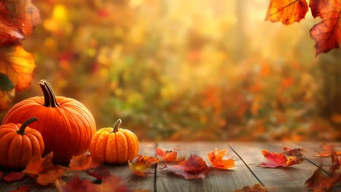 Pumpkin trio basking in honeyed autumn woodland glow.