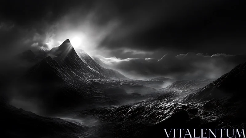 Mountain ridge emerges through dense fog under harsh light