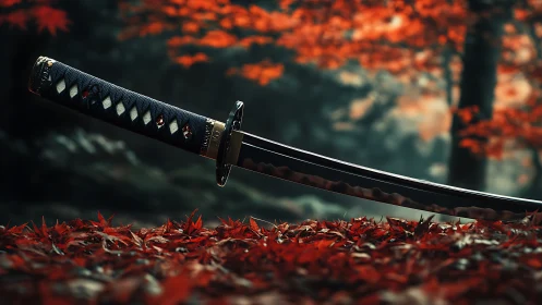 Katana poised in crimson maple leaves beneath autumn canopy.