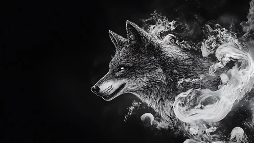 Monochrome lupine profile emerging from swirling smoke plumes