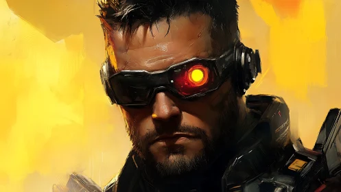 Cyborg portrait shows man with visor and illuminated red lens