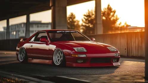 Stanced red sports coupe under warm urban sunset light.