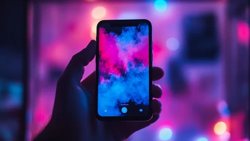 Smartphone screen glows with neon clouds in moody bokeh night