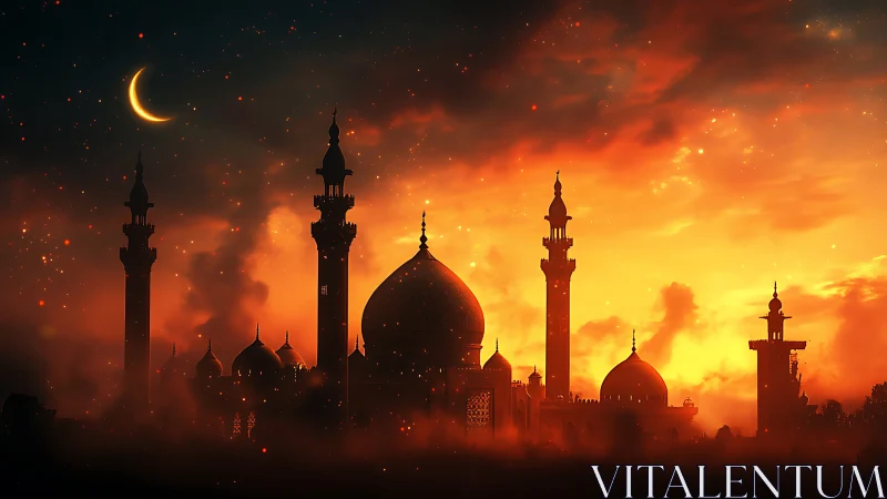 Digital painting of mosque silhouettes at ember-lit dusk.