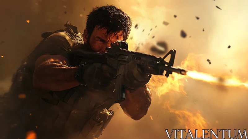 Soldier firing assault rifle in intense combat firefight.