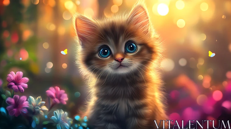 Luminous Kitten Portrait with Golden Bokeh and Floral Garden Setting.