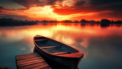 Timber rowboat at lakeside jetty under saturated sunset sky.
