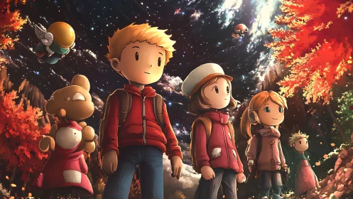 Young space adventurers gaze into a luminous starry sky.