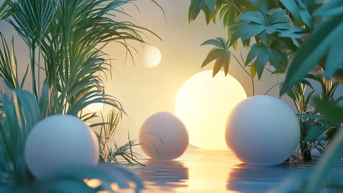 Gentle glowing orbs rest in a dreamy tropical sunrise cove