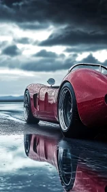 Red sports roadster on wet coastal asphalt with reflection.