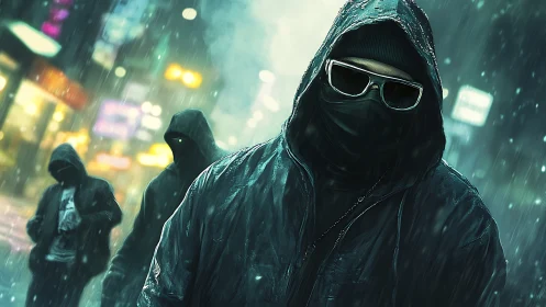Hooded cyber-operators in neon rain, urban nocturne study.