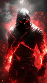 Hooded fire wraith emerging in crimson inferno glow.