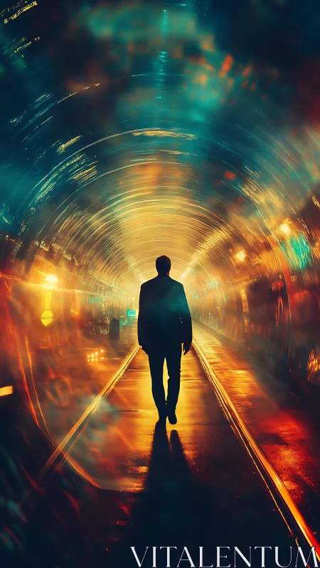 Luminous tunnel wanderer crossing a prismatic time corridor.