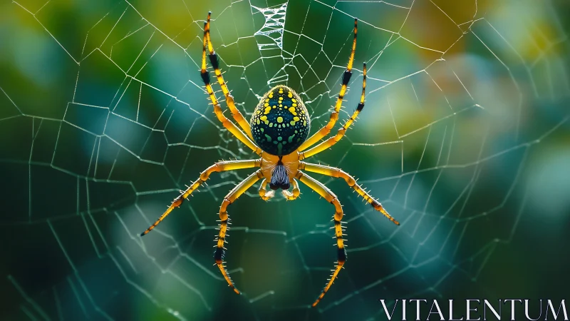 Jewelled jungle spider poised in gleaming emerald webwork.