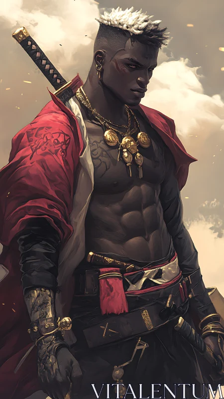 Storm-lit modern samurai stands armed in red war cloak.