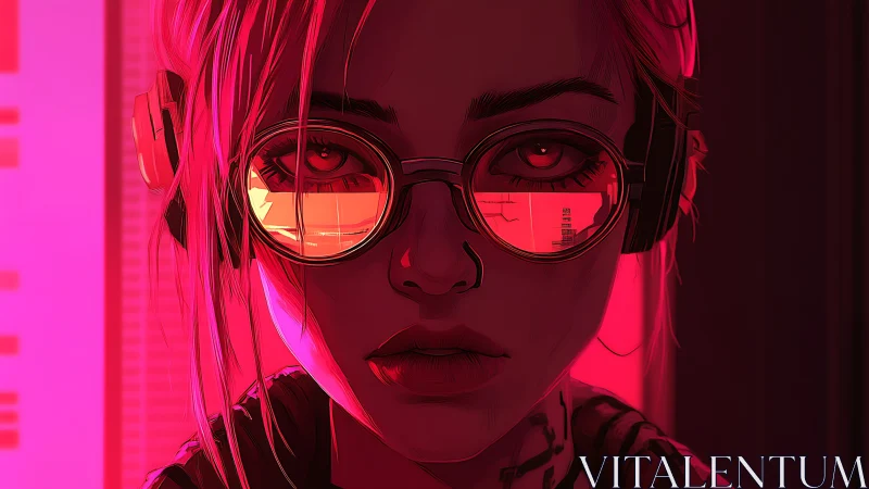 Neon hacker girl gazes through glowing data-tinted lenses.