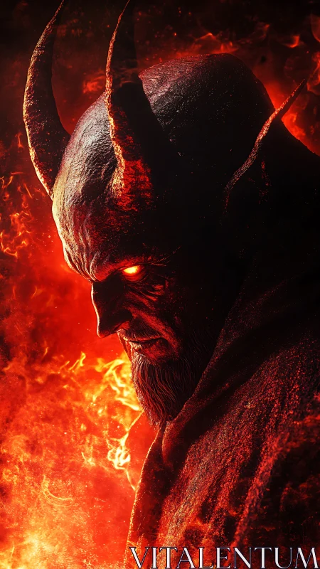 Horned demon glows in searing infernal firelit darkness