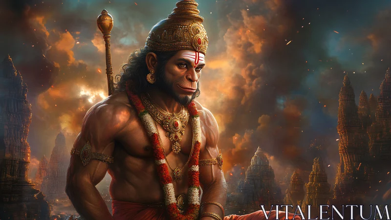 Digital rendering depicts mythological figure before temples