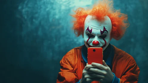 Playful clown snaps a cheeky selfie in bold orange.