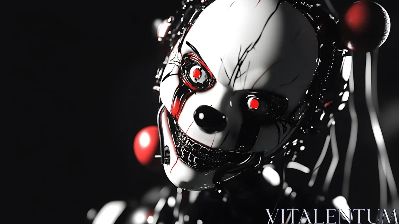 Mechanical clown nightmare with glowing red cyber eyes.