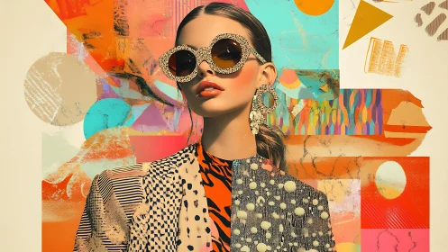 Bold fashion portrait against abstract geometric collage.