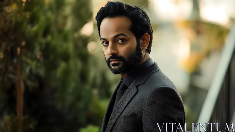 Quiet confidence in a charcoal suit beneath soft light.