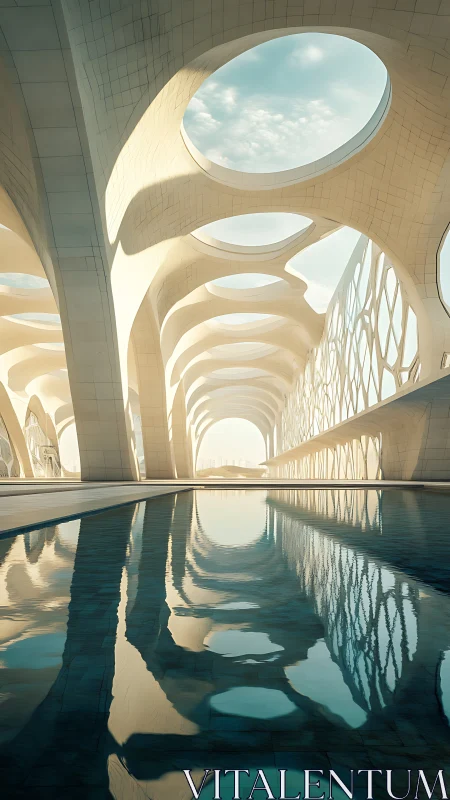 Futuristic arches span reflective pool under open sky.