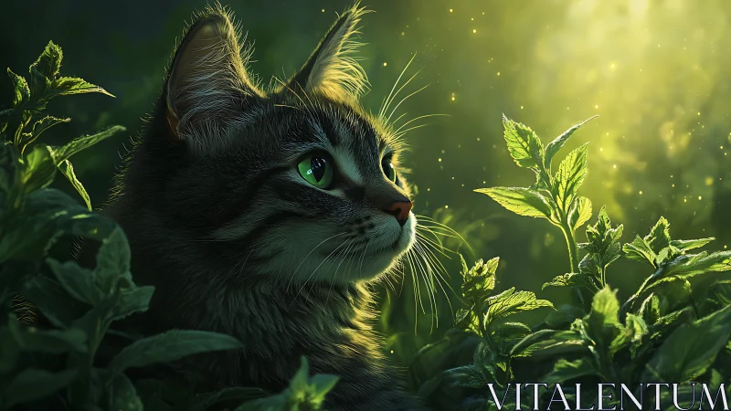 Black Cat with Green Eyes in Glowing Garden.