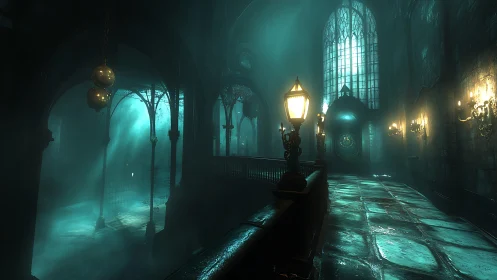 Volumetric-lit gothic corridor with wet stone and lamppost caustics