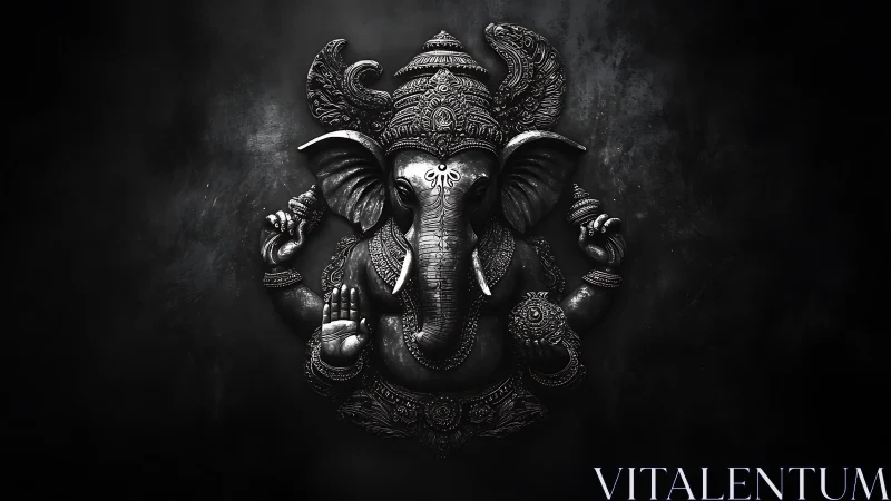 Ganesh relief sculpture rendered in dramatic monochrome light.