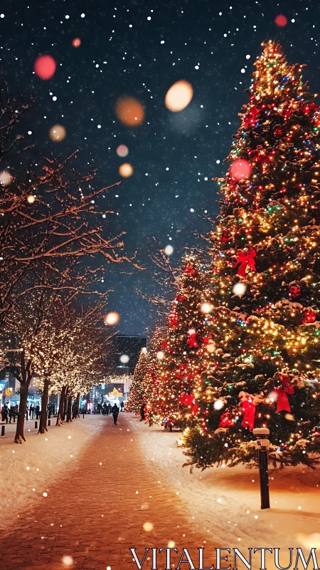 Snowy city street glows with towering Christmas lights at night.