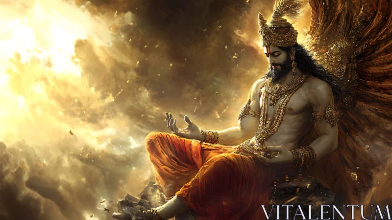 Winged ornate figure sits amid luminous cloud vortex