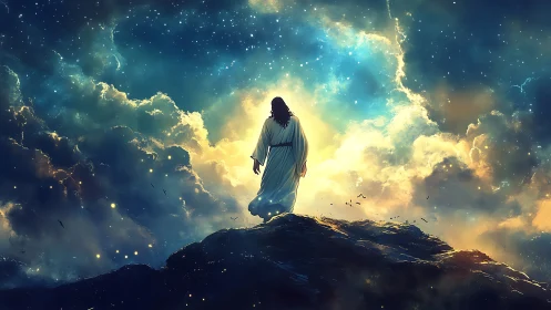 Figure in white robe on glowing cliff beneath starry sky.