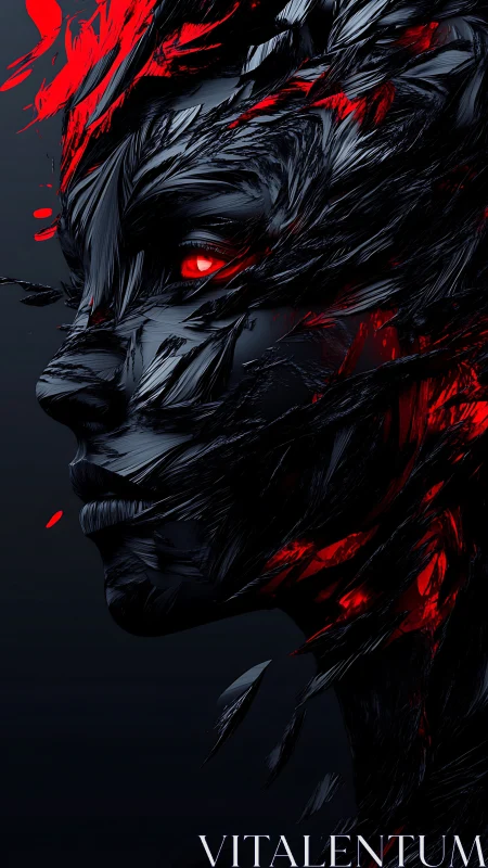 Shattered cybernetic face burns with red digital fury tonight