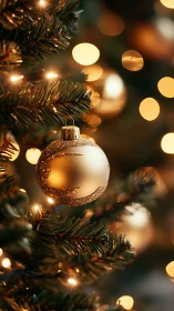 Gold Christmas bauble glows against warm tree lights