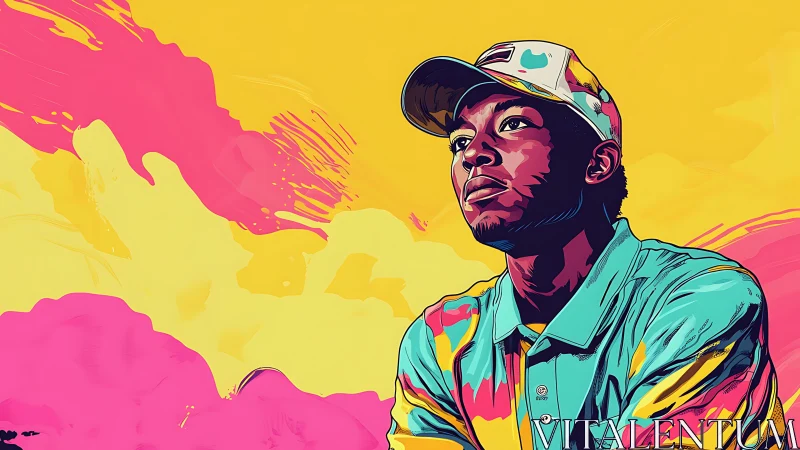 Vibrant pop art portrait of man against abstract neon backdrop