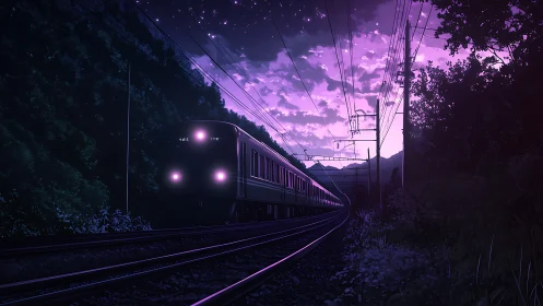 Electric train on rural track under violet twilight sky.