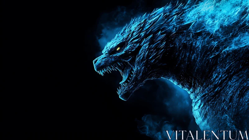 Bioluminescent kaiju profile in blue backlit side roar.