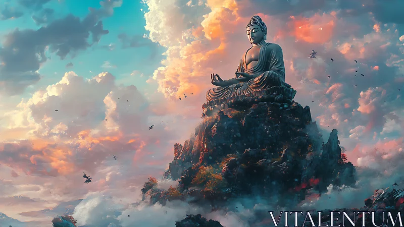 Colossal Buddha statue above clouds in vivid sunset sky.