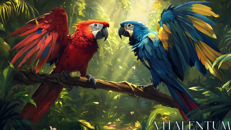 Vibrant Scarlet and Blue Macaws in Lush Jungle Digital Art.