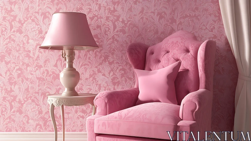 Monochromatic pink armchair, lamp, and damask wallpaper.