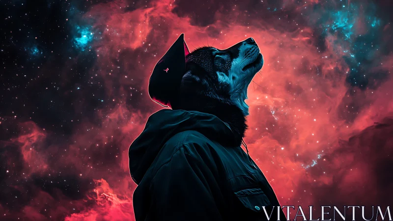 Cosmic canine in neon nebula gazes toward distant stars.