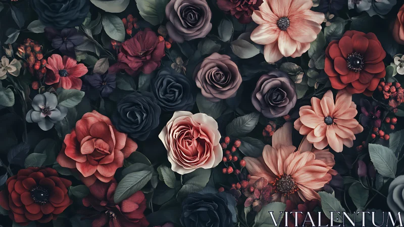 Dark Floral Arrangement: Roses, Dahlias and Botanical Foliage.