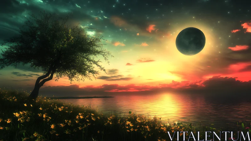 Tree and eclipse over reflective sea at vivid sunset